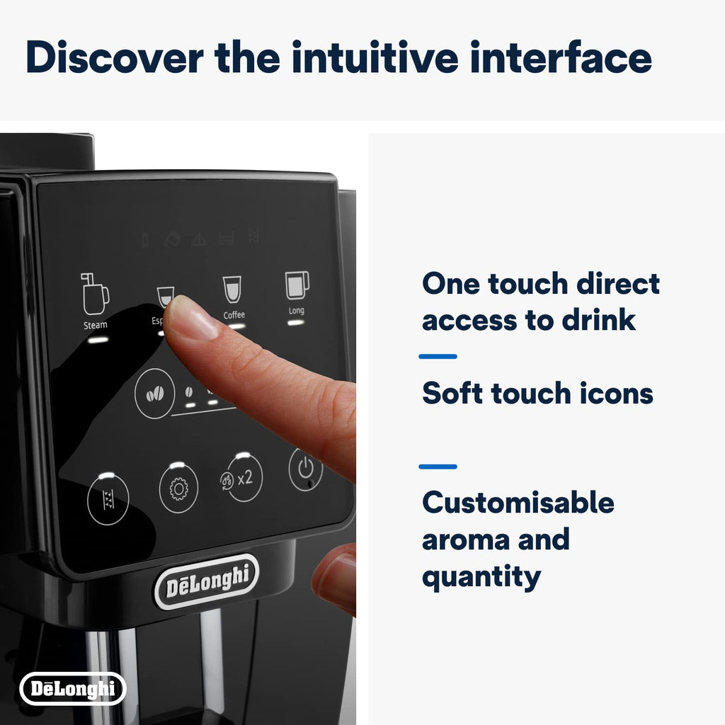 De'Longhi Magnifica ECAM222.20.B, Automatic Coffee Machine with Milk Nozzle, Bean to Cup Espresso Machine with 4 One-Touch Recipes, Soft-Touch Control Panel, 1450W, Black