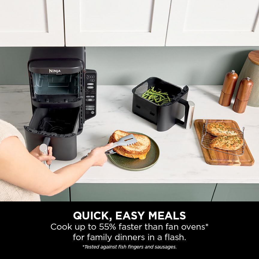 Ninja Double Stack Air Fryer, Vertical Dual Drawer Air Fryer with 4 cooking levels, 2 Drawers and 2 Racks, Space Saving Design, 7.6L Capacity, 6 Cooking Functions, 6 Portions, Black SL300UK