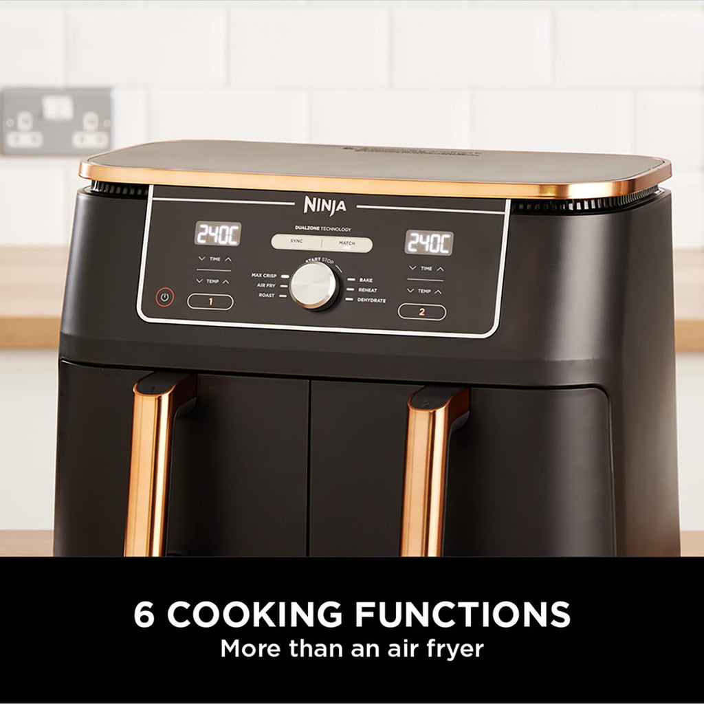 Ninja Foodi MAX Dual Zone Air Fryer, Amazon Exclusive, Tongs, 2 Drawers, 9.5L, 6-in-1, Use No Oil, Air Fry, Max Crisp, Roast, Bake, 8 Portions, Nonstick Dishwasher Safe Baskets, Copper/Black AF400UKCP