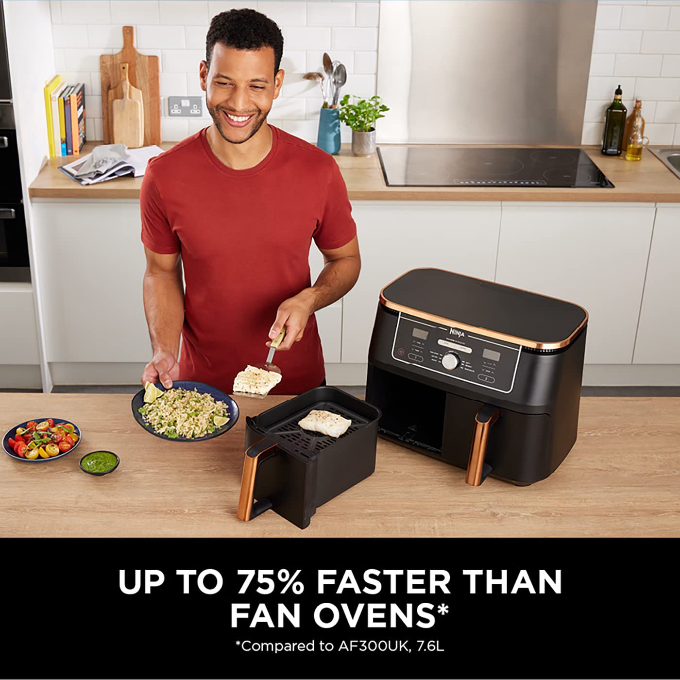 Ninja Foodi MAX Dual Zone Air Fryer, Amazon Exclusive, Tongs, 2 Drawers, 9.5L, 6-in-1, Use No Oil, Air Fry, Max Crisp, Roast, Bake, 8 Portions, Nonstick Dishwasher Safe Baskets, Copper/Black AF400UKCP